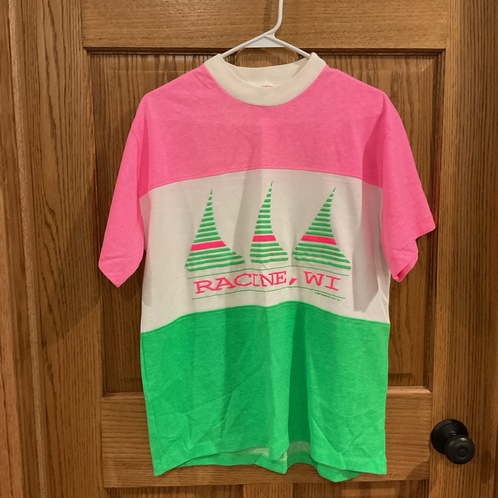 Vintage AU Sportswear Racine WI Colorblock Graphic Tee Made USA Pink Green L